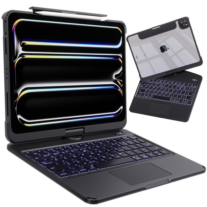 AITEWO 아이패드 키보드 케이스 일체형 360도 회전 다각도 조절 투명 케이스 트랙패드 세트 펜슬수납 한국어 매직키보드 에어프로 10.91112.913인치 호환
