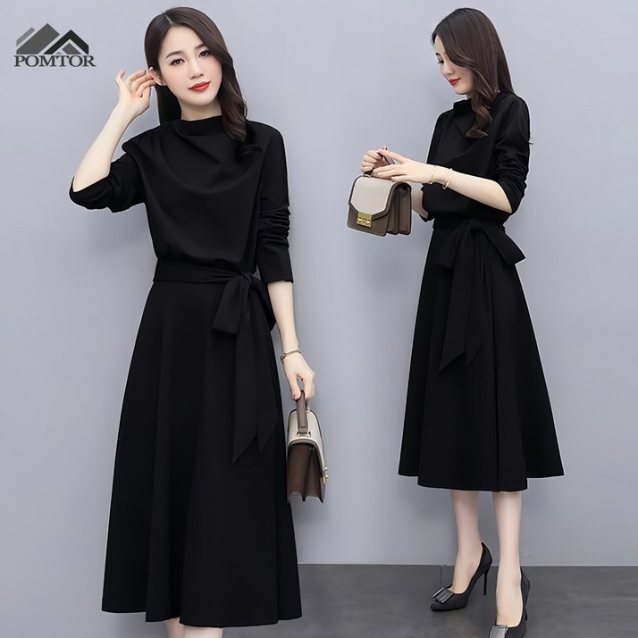 POMTOR 여성 봄가을 하객룩 하이넥 슬림핏 롱 드레스
