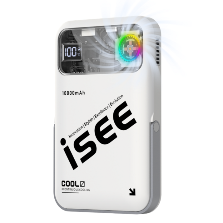 isee 아이시10000mAh 쿨링 맥세이프 터보 냉각팬 거치대 무선고속충전 보조배터리, 화이트