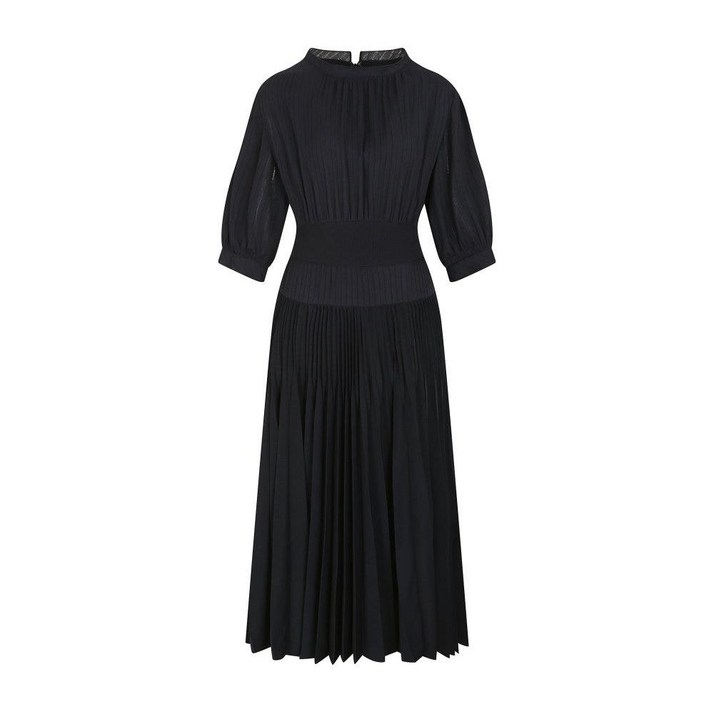 JJ지고트 니트 배색 벌룬핏 플리츠 원피스