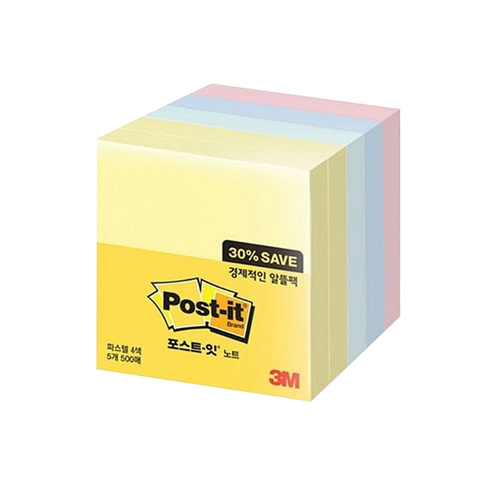 쓰리엠 알뜰팩 포스트잇 76 x 76 mm 6545A 500p, 노랑애플민트크림블루러블리핑크, 2개 쓰리엠 알뜰팩 포스트잇 76 x 76 mm 6545A 500p, 노랑애플민트크림블루러블리핑크, 2개