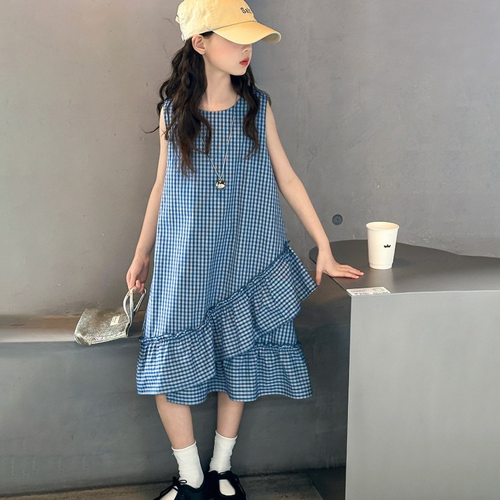 빠빠야네 키즈 주니어 여아 잔체크블루사이드 프릴캉캉 원피스 여름