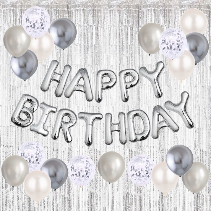 HBD 은박풍선 크롬메탈 혼합풍선세트 파티커튼 생일파티세트 에브리띵스마일 1221, 1세트, 실버 풍선 커튼