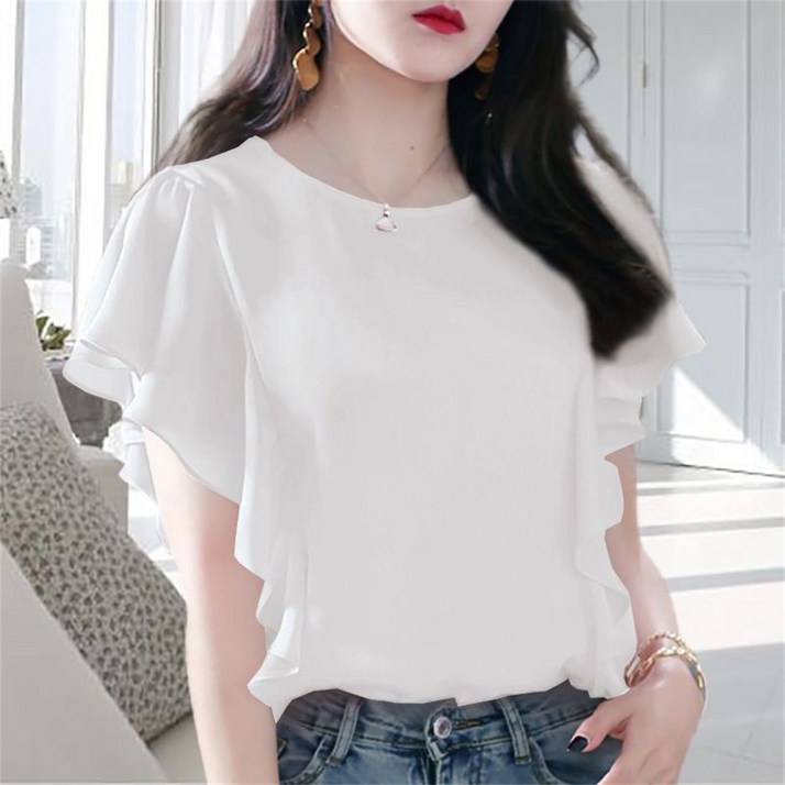 besteffie 블라우스 여성 여름 쉬폰 라운드넥 루즈핏 무지 러플 빅사이즈 반팔블라우스 7컬러 M4XL C88