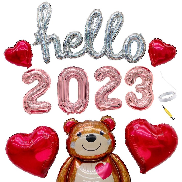 hello 2023 새해 연말 홈 파티 풍선 8종 세트, 1 hello 필기체홀로그램  2023 로즈