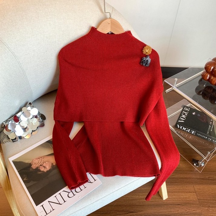 해피유통 여성용 가을 시즌 하이넥 슬림핏 니트 긴팔 플라워 디테일 장식 스웨터