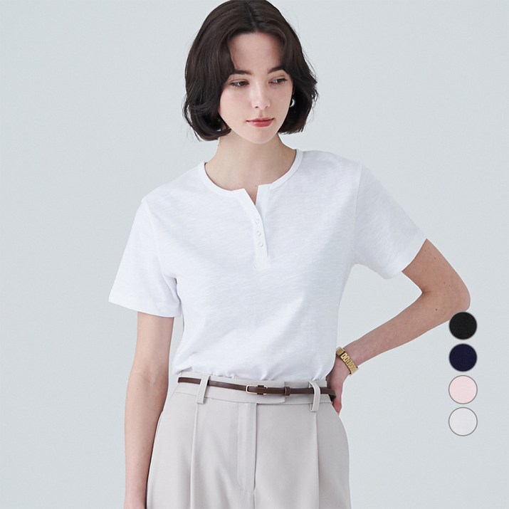 ELLE PARIS 여성용 헨리넥 반팔 티셔츠