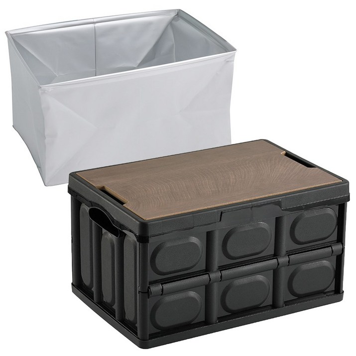 아이엠듀 트렁크 앤 캠핑 접이식 폴딩 박스 56L  우드상판  방수팩 세트, 블랙폴딩박스