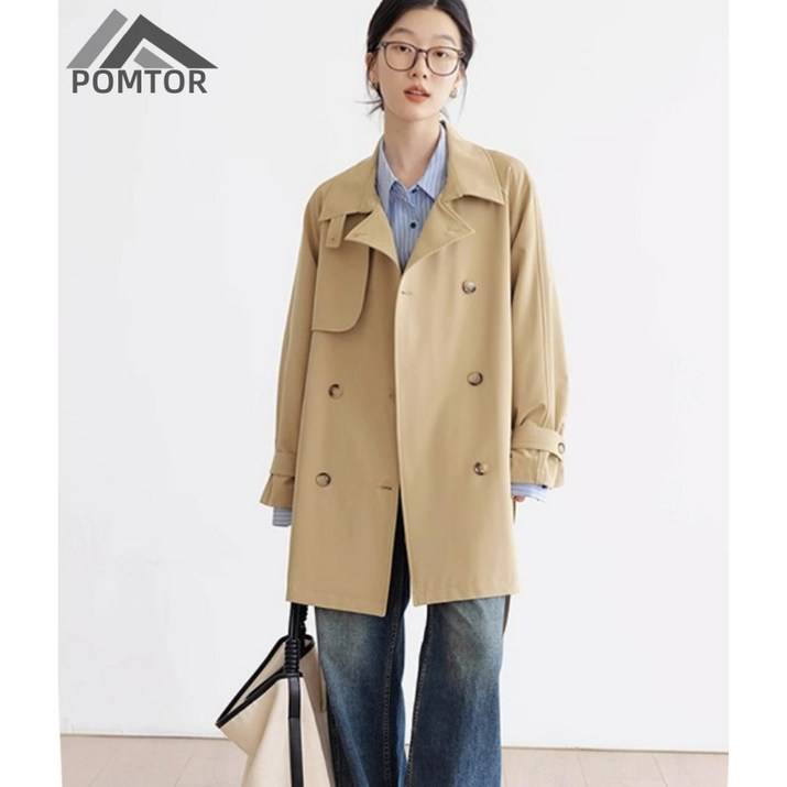 POMTOR 여성 트렌치코트 봄가을 고급 영국식 루즈핏 코트 POMTOR 여성 트렌치코트 봄가을 고급 영국식 루즈핏 코트
