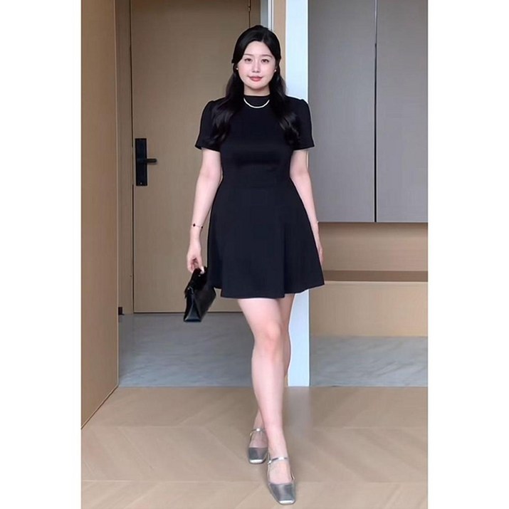 프렌치 퍼프 소매 블랙 드레스 여성 미니원피스 원피스 롱치마 허벅지위 반팔 하객 스커트