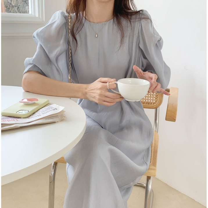 감성그녀 퍼프셔링 허리끈 롱 원피스