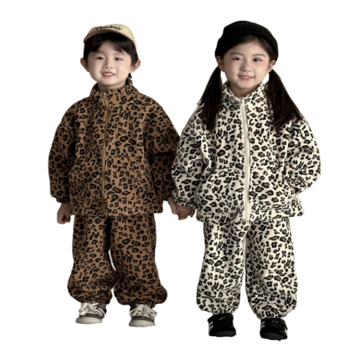 유 아동 겨울 따뜻한 후리스 호피 상하 세트