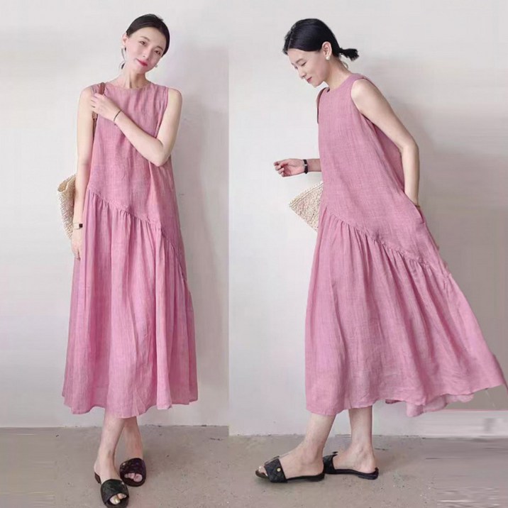 호미존 여성 루즈핏 시원한 린넨 롱 나시 원피스 면 마 민소매 여름 빅사이즈