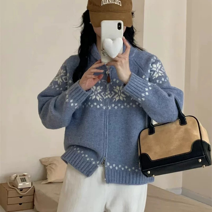 모던스튜디오 여성 아방핏 눈꽃 노르딕 집업 가디건