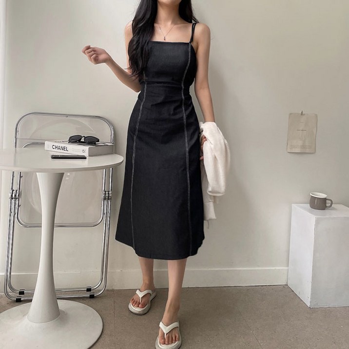 워너비몰 [무배] 아이비 라인 스티치 투스트랩 데님 나시 뷔스티에 롱 원피스 [2color]