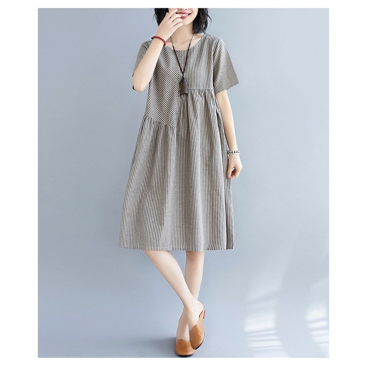 AC2248 여자 봄 가을 고퀄 면혼방 라운드넥 반팔 주름 스트라이프 미디 롱 A라인 원피스 드레스 치마 루즈핏 빅사이즈 데일리룩