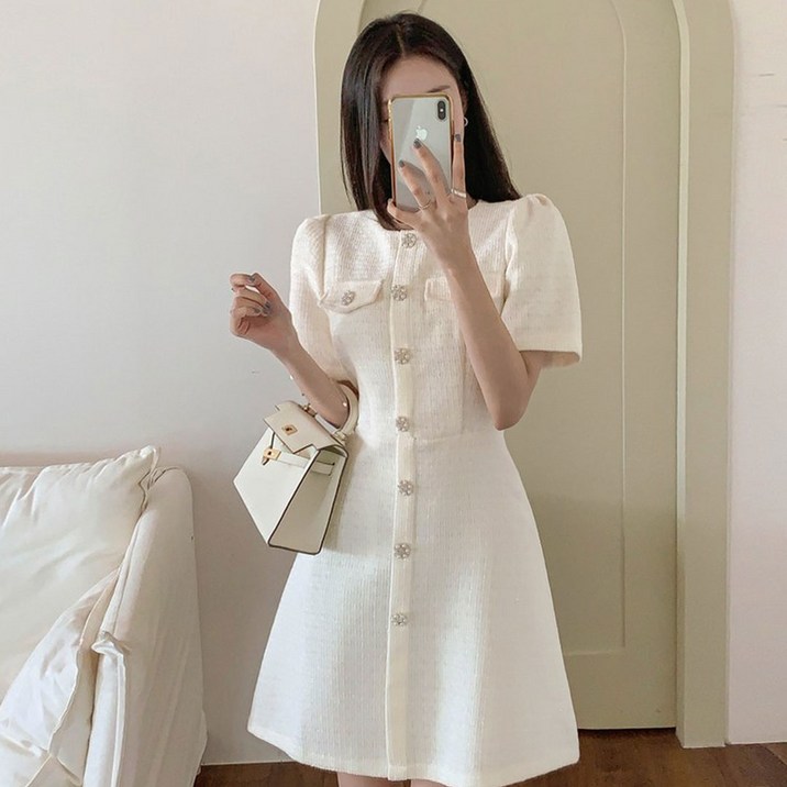 떳다그녀 마리엣 트위드 버튼 클래식 오피스룩 반팔 하객룩 포멀 드레스 A라인 플레어 미니원피스