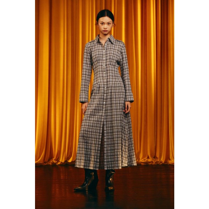 ZARA 체크 셔츠 원피스 - 브라운-블루