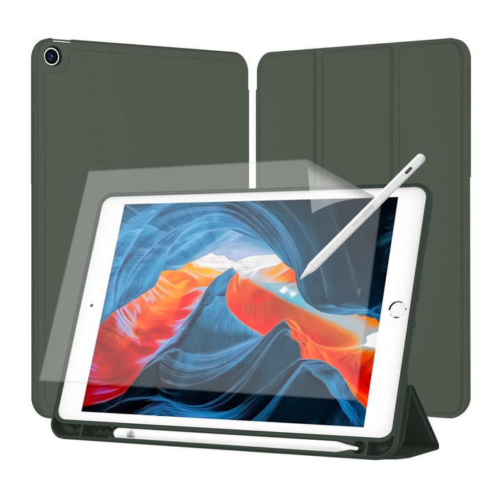 요이치 스마트커버 애플펜슬 수납홀더 태블릿PC 케이스 + 종이질감 액정보호필름 세트, 다크그린
