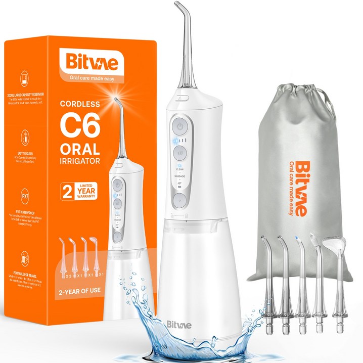 비트베이 C6 휴대용 무선 구강세정기 치간세정기 물칫실 6개노즐팁 2년무상AS Amazon 인기상품, 화이트