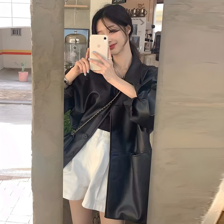 IBOY UGIRL XU0366C 여성 카라넥 버튼 오버핏 가죽 라이딩 자켓 IBOY UGIRL XU0366C 여성 카라넥 버튼 오버핏 가죽 라이딩 자켓