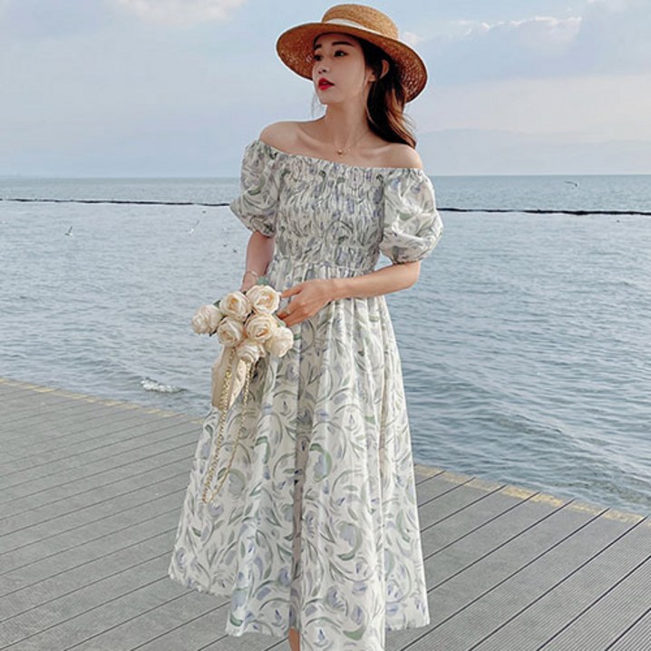 NAERSI 여름 반팔 비치 플라워 원피스 NAERSI 여름 반팔 비치 플라워 원피스