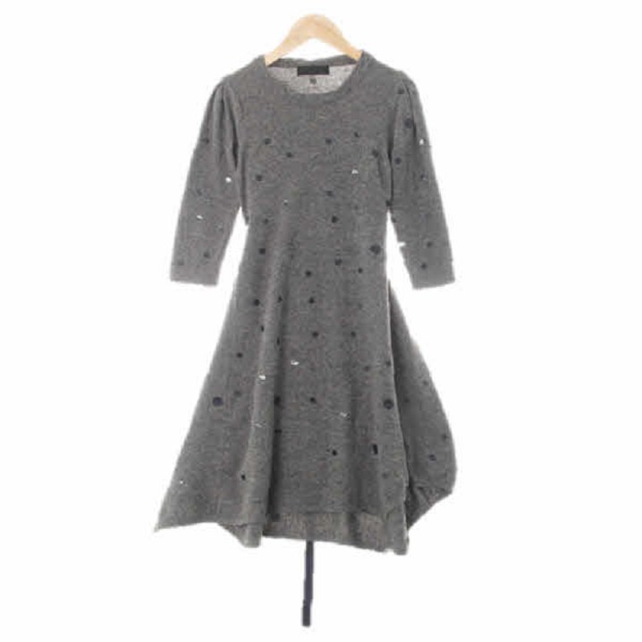 8665 질스튜어트 차콜 글로시도트패턴 울혼방 퍼프7부플레어언밸런스니트원피스 Free