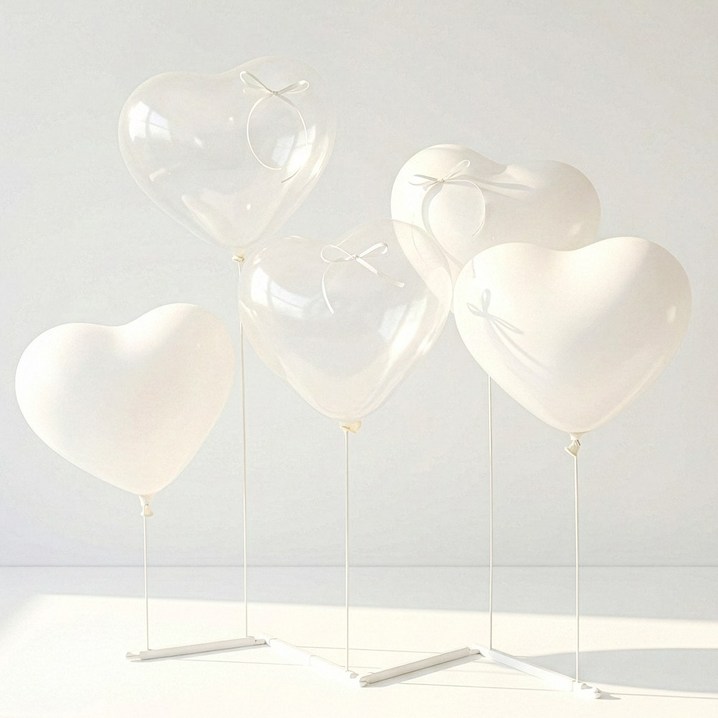 하트 풍선 파스텔 홈파티 프로포즈 발레코어 리본포함 일자형 스탠드, 1개, 03. 퓨어 화이트 화이트5개  투명4개