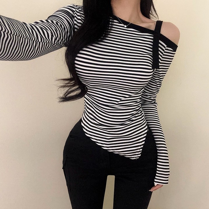 VANANA2 스트라이프 원오프숄더 언발란스 긴팔티