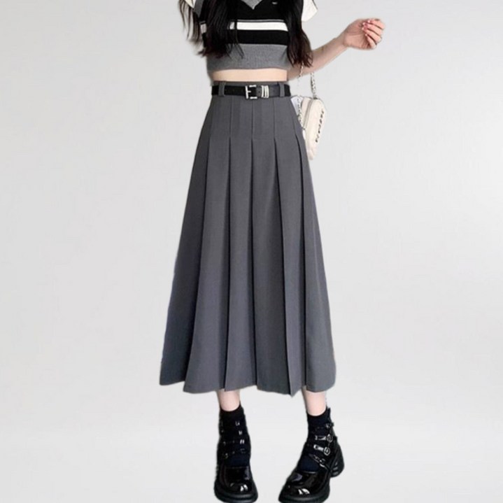 마켓피아 여성용 A라인 미디 롱 플리츠 스커트