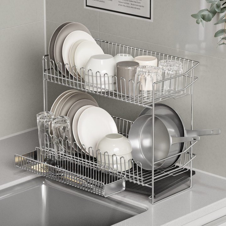 라라밤 올스텐 자동 물빠짐 초슬림 식기건조대 세트, 2단, 스테인레스, 1세트