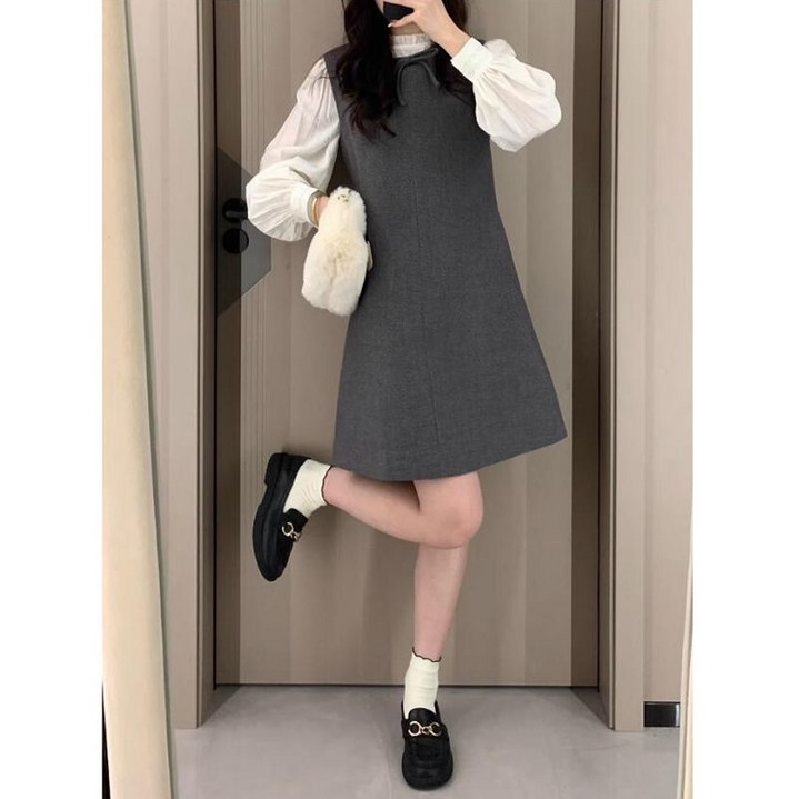 여성 모직 원피스 민소매 디자인 모던 캐주얼 스타일 혼합 섬유 민소매 드레스 JS