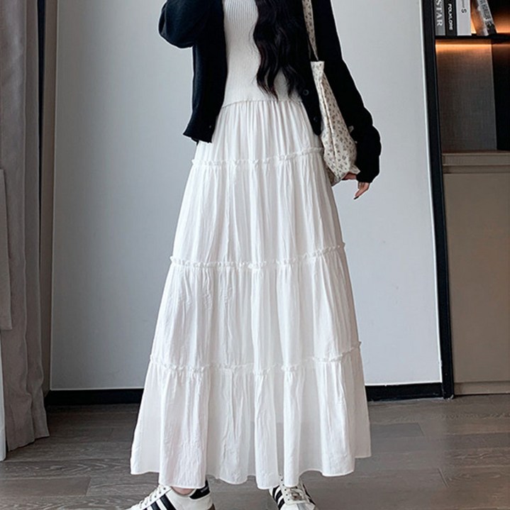 DANGZ 여성 롱 스커트 밴딩 셔링 롱 플레어 캉캉 스커트