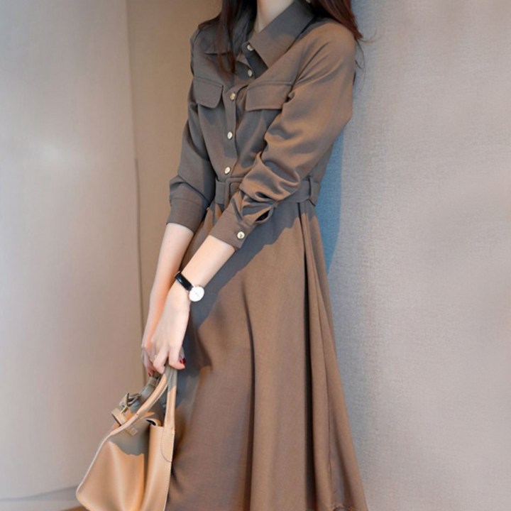 페이퍼먼츠 모던 벨티드 셔츠카라 A라인 원피스 01545