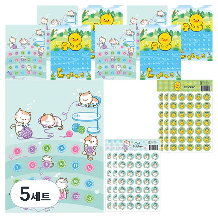 슈퍼쌤 양면 칭찬 오리 냥이 스티커판 9p 오리 스티커 3p  냥이 스티커 3p 세트, 혼합색상, 5세트