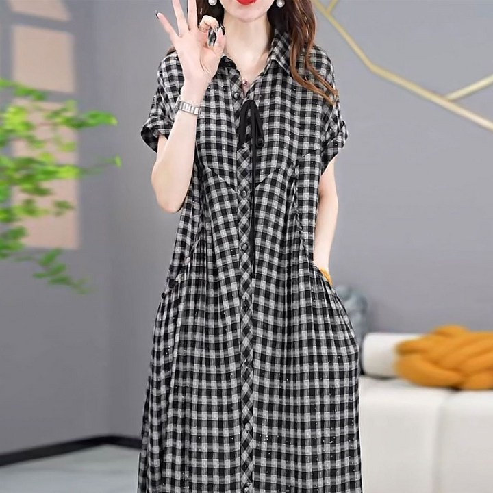 Seofst 여성 여름 빅사이즈 린넨 코튼 체크 원피스 루즈핏 반팔 체형커버 롱 원피스 데일리룩