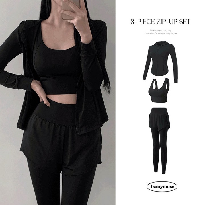 3피스SET 버밍 후드 집업 반바지 레깅스 런닝 요가 필라테스 운동복 세트