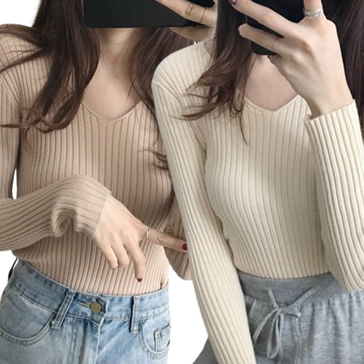 마르 여성용 브이넥 슬림 골지 니트 2p