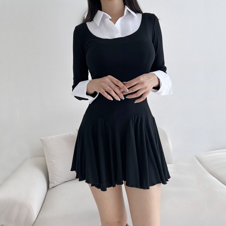 레이어드 셔츠 카라 플레어 원피스 레이어드 셔츠 카라 플레어 원피스