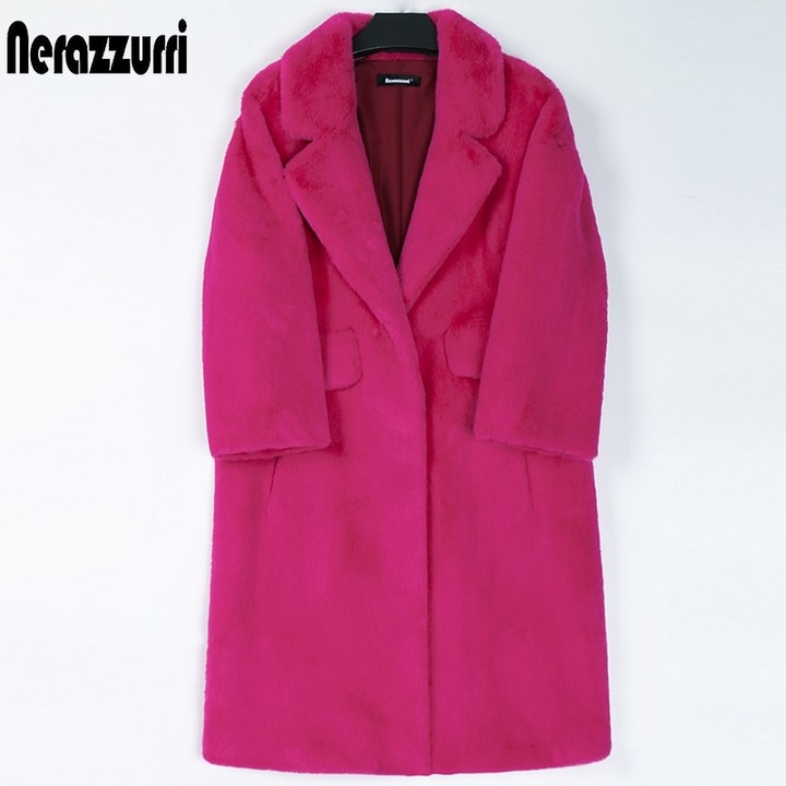모피 코트, 펄 코트nerazzurri 겨울 긴 핫 핑크 인조 여성 옷깃 따뜻한 두꺼운