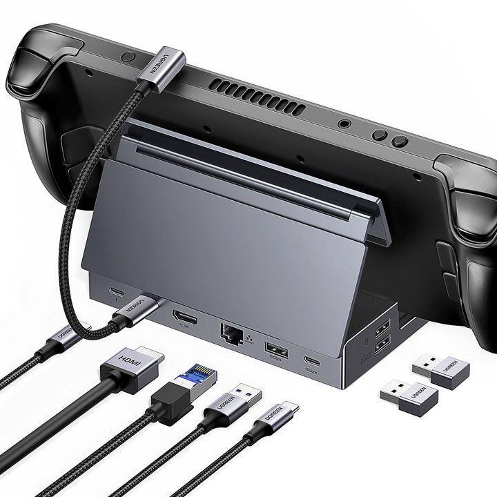 UGREEN 유그린 9-in-1 스팀덱 독 4K60Hz 10Gbps HDMI2.0 접이식 스탠드 USB C 도킹 스테이션 기가비트 이더넷 연결 지원 ROG 앨리 ROG X와 호환됨, 1개, Grey