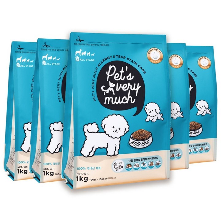 페츠베리머치 강아지사료 눈물사료 눈물자국 알러지 사료, 오리, 1kg, 5개