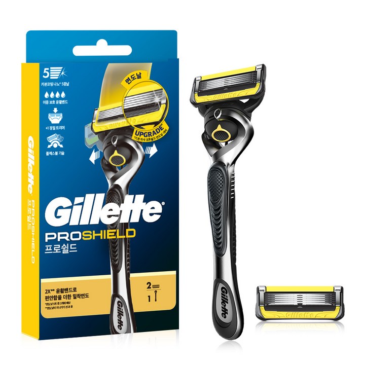 질레트 정품 프로쉴드 옐로우 매뉴얼 면도기 핸들  면도날 2p 세트