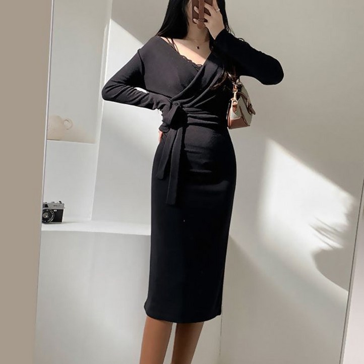 구디프 여성용 V넥 랩 셔링 긴팔 원피스