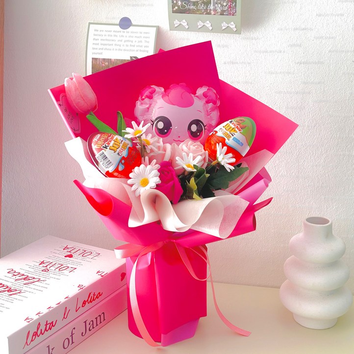 킨더조이 포함 캐릭터 풍선 구겨지지않는 졸업 학예회 꽃다발, 1개, 하츄핑