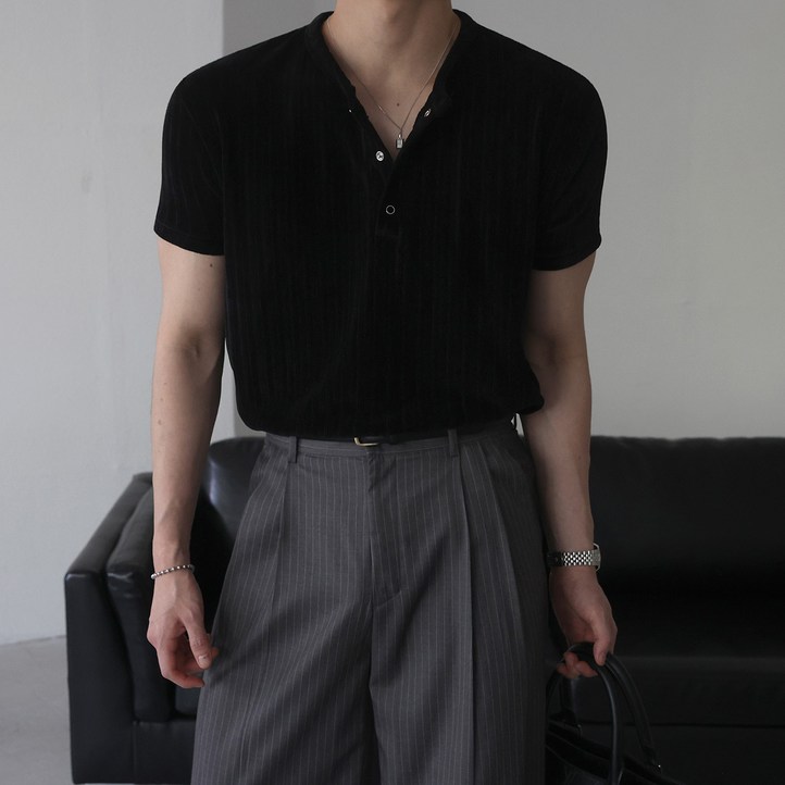 베이직바이블 벨로아 골지 머슬핏 헨리넥 반팔 티셔츠4color