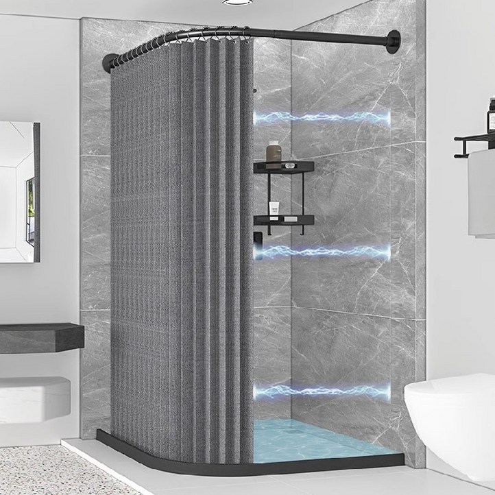 ALLILIO 욕실 파티션 커튼 코너 양쪽 자기 흡인 샤워커튼 ㄱ자 곡선 길이조절, 지지대접이식 샤워커튼220200물막이턱