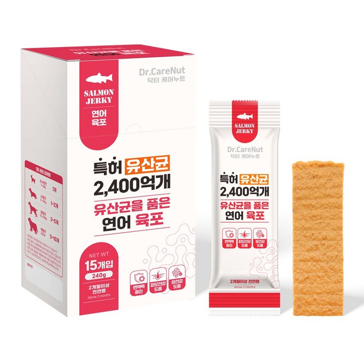 닥터케어누트 강아지 기능성간식 육포 유산균 면역력 장 피모 건강, 1개, 240g, 연어