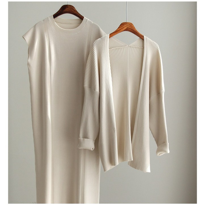 오브원 츠미 루즈핏 롱 니트 원피스 가디건 세트