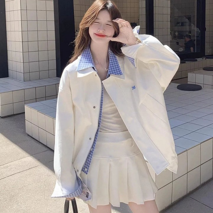 MAKABORO 여성 레이어드 캐주얼 자켓 루즈핏 배색 체크 칼라 봄가을 카고 자켓